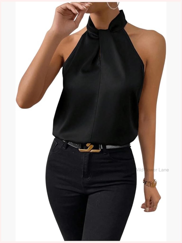 Elegant Twist Front Halter Sleeveless Satin Blouse Keyhole Back Tank Top